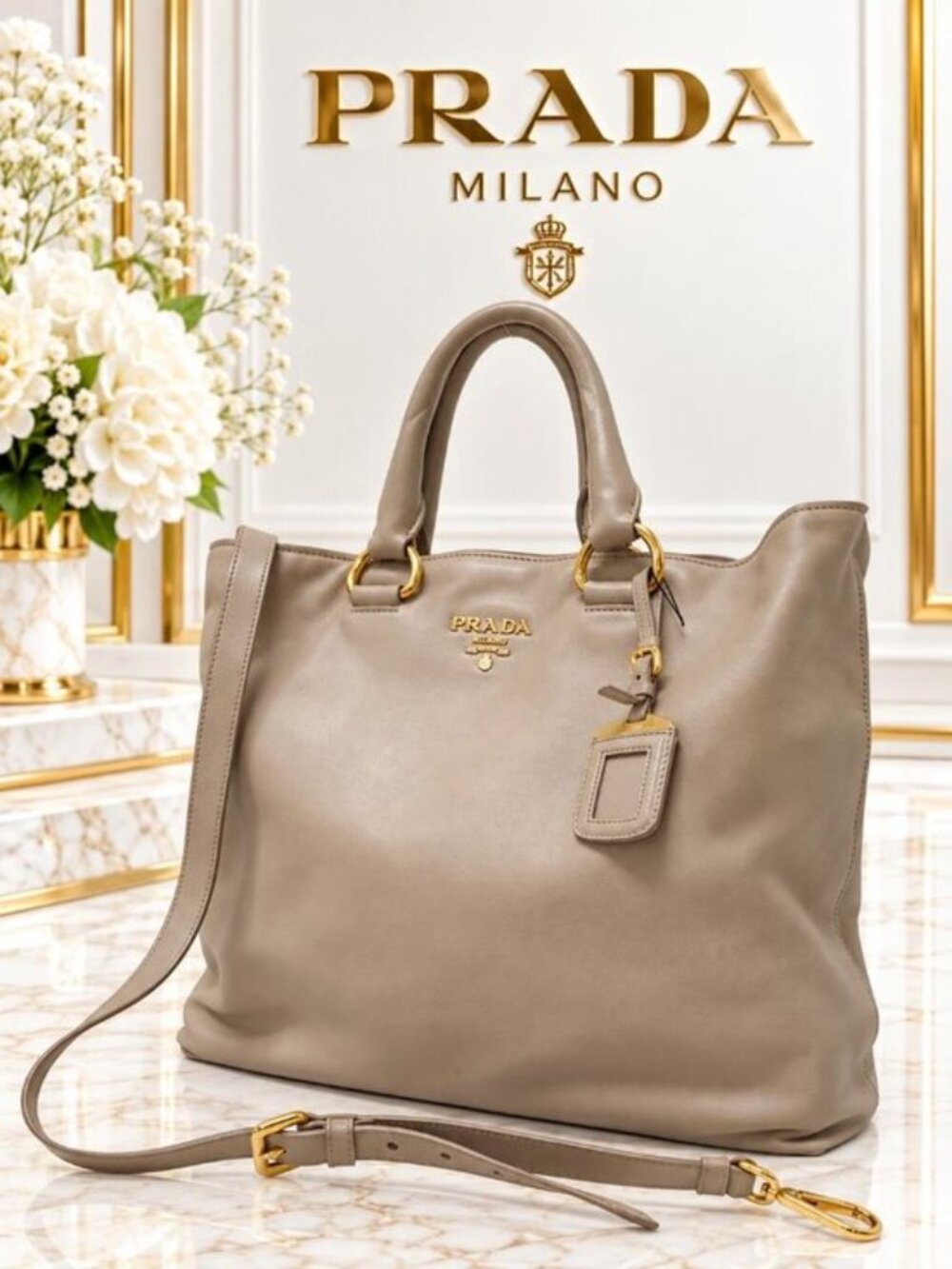 Authentic Prada Vitello Leather Tote Shoulder Bag Gold Hardware